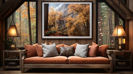 Fototapeta premium A Large Poster Frame Mockup in living room highlighting the homely ambiance. Perfect for showcasing artwork or design concepts, comfortable and welcoming cottage interior