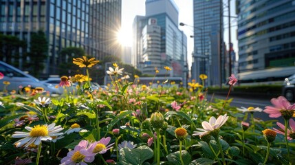 Evening city street with tall buildings and busy traffic on both sides. Ahead is an open space filled with wildflowers. Flowers include daisies with pink petals forming a dense layer at ground level.