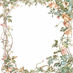 Naklejka premium Elegant Wedding Border Featuring Intertwined Vines and Delicate Flowers in Soft Pastel Colors, Perfect for Invitations and Stationery, Creating a Romantic and Whimsical Frame Design