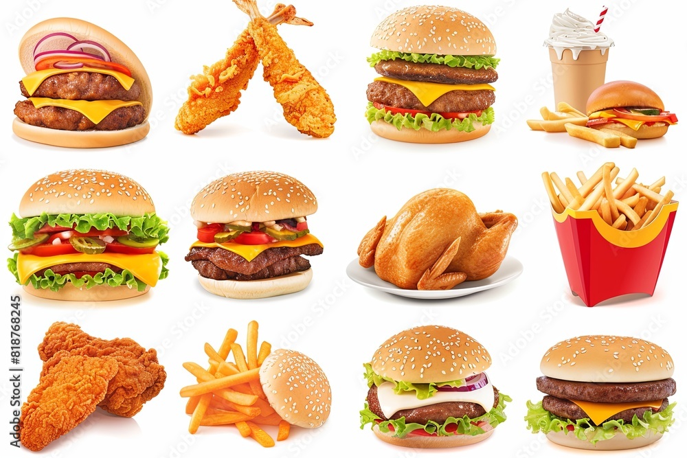 Poster a variety of hamburgers and french fries displayed together, showcasing different types and toppings