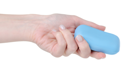 Blue soap in hand on white background isolation