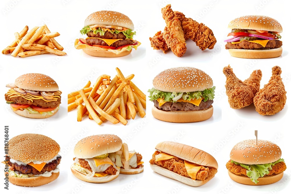 Poster Various types of burgers and fries arranged together on a table, showcasing a selection of fast food options. Generative AI