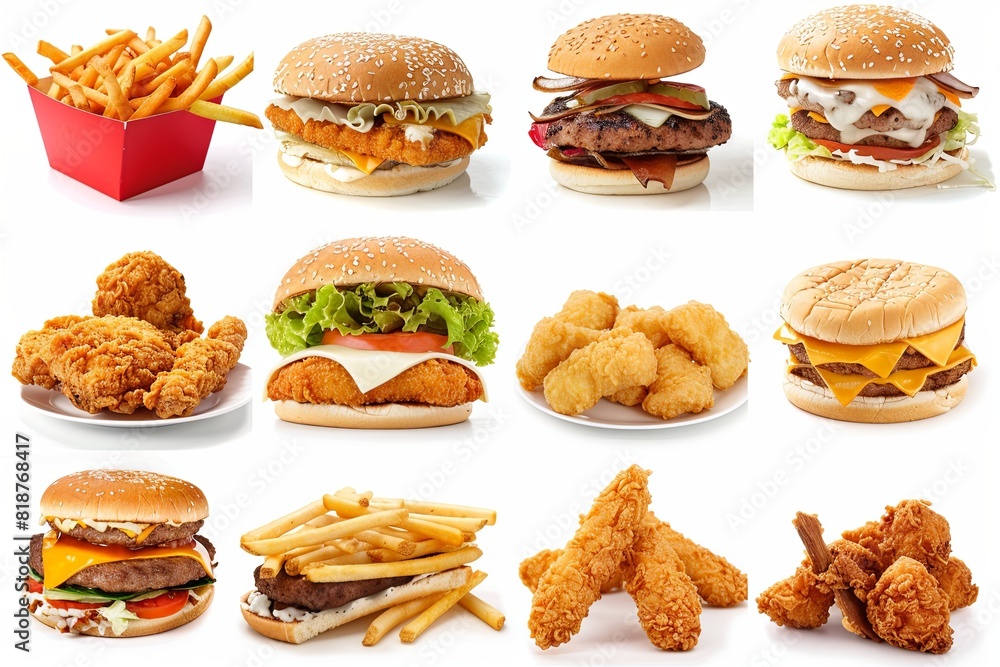 Poster various types of burgers and fries spread out on a table, showcasing a selection of fast food option
