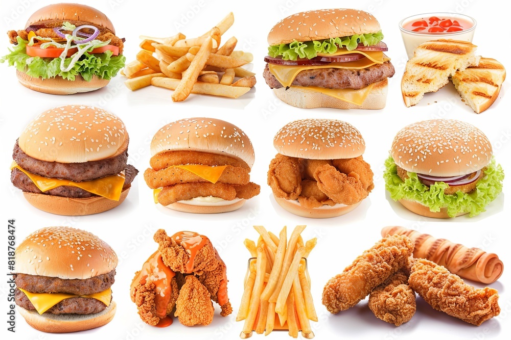 Poster various types of burgers and fries arranged on a table, showcasing a variety of fast food options. g
