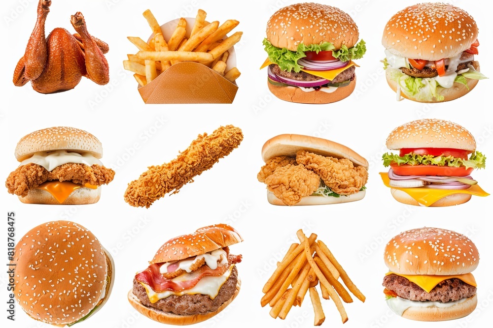 Poster a variety of burgers and fries displayed on a tray, showcasing different types and toppings. generat