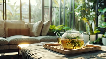 On the table stood a glass teapot filled with green tea, an exquisite and delicate transparent glass pot. A bamboo tray sat in front of a modern living room sofa with a lightweight fabric daybed.