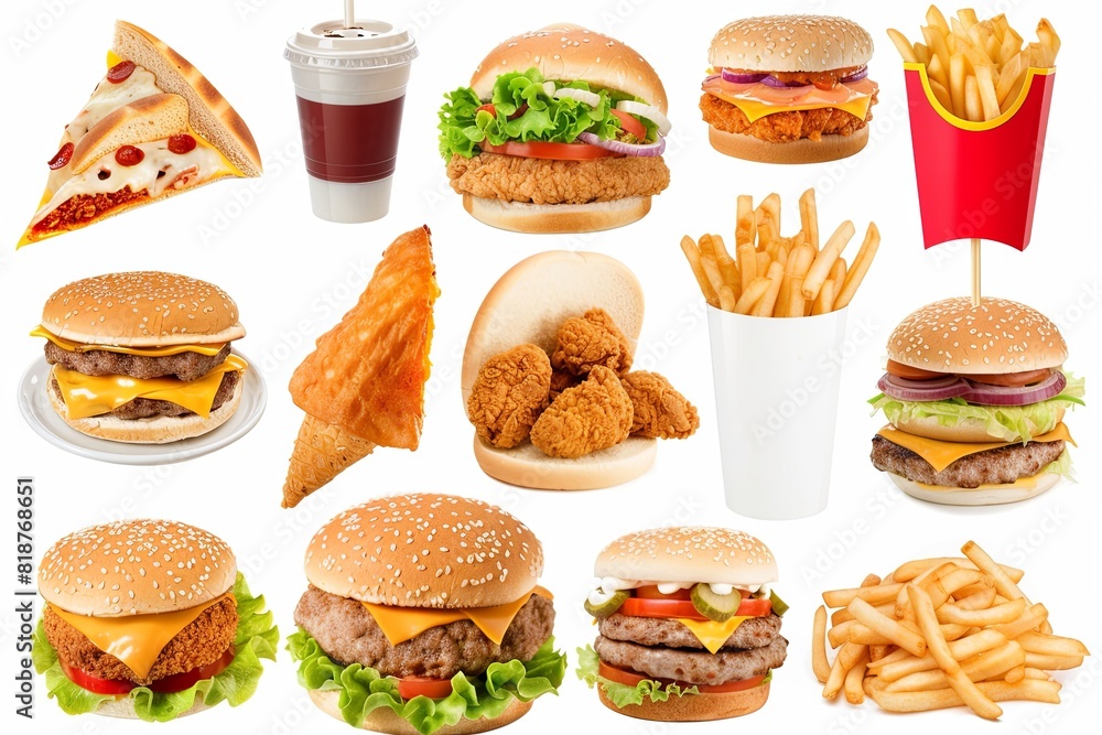 Poster various types of burgers and fries spread out on a table, showcasing a selection of fast food option