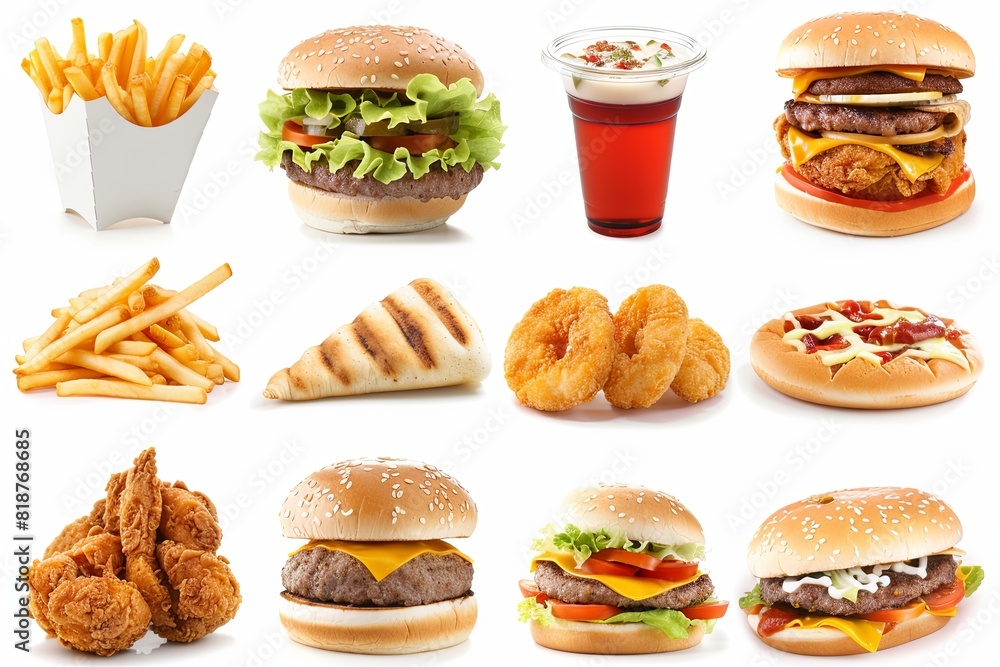 Poster Various types of burgers and fries are displayed in a group, showcasing a selection of fast food options. Generative AI