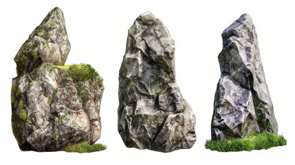 Three large rocks with moss growing on them. The rocks are all different sizes and shapes. The image has a natural and rugged feel to it