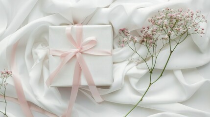 White gift box with pink ribbon, delicate flowers and pink satin ribbons on the table, clean composition, minimalist aesthetics, soft pastel colors.
