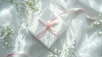 White gift box with pink ribbon, delicate flowers and pink satin ribbons on the table, clean...