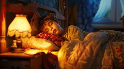 The baby sleeps peacefully in bed and the soft light of the bedside lamp illuminates his face and body with a warm glow as he rests at night.