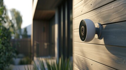 Close-up of an outdoor smart home security camera mounted on a side wall, visible from the outside against a clear sky. The building is modern, which adds to the feeling of security.