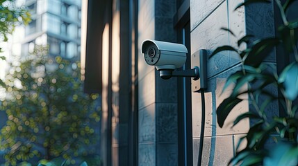 Close-up of an outdoor smart home security camera mounted on a side wall, visible from the outside against a clear sky. The building is modern, which adds to the feeling of security.