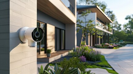 Close-up of an outdoor smart home security camera mounted on a side wall, visible from the outside against a clear sky. The building is modern, which adds to the feeling of security.