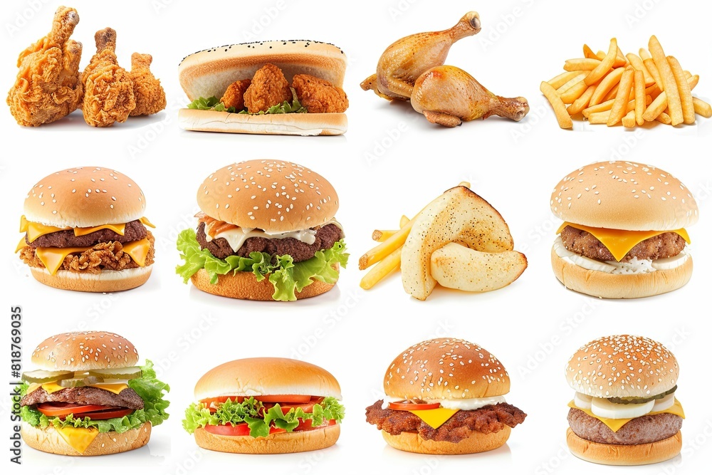 Poster various types of burgers and fries displayed together. generative ai