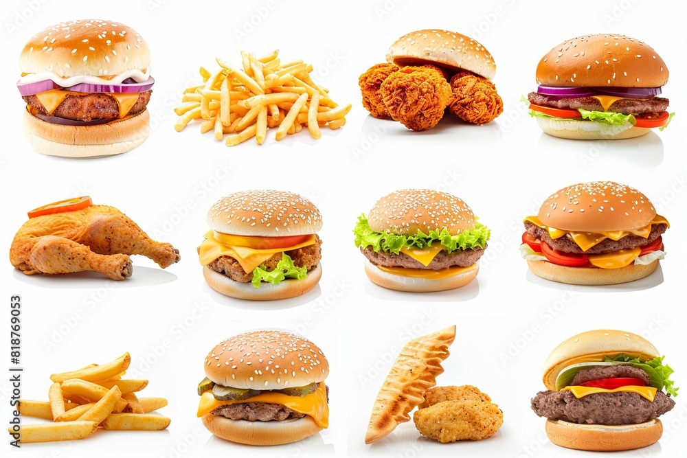 Aufkleber a variety of different types of burgers and fries displayed on a table. generative ai