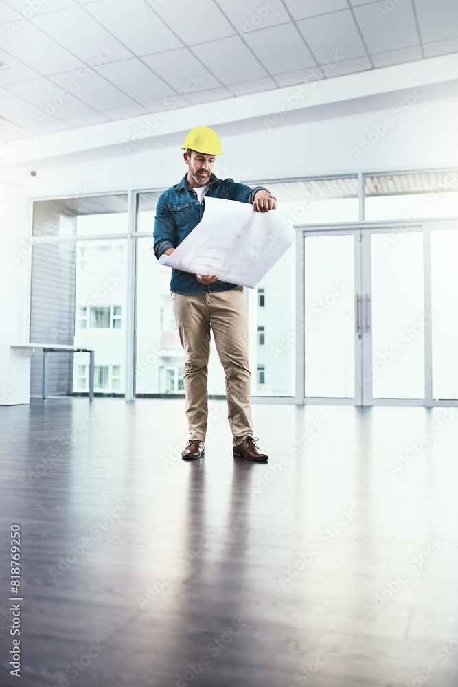 Poster Architecture, man and reading blueprint for design, safety and floor plan with upgrade for development as project management. Male engineer, paper and construction worker for sketch of renovation
