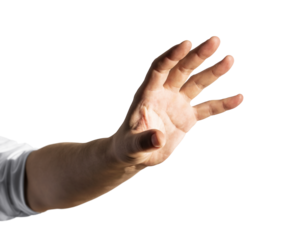 An outstretched human hand, palm facing out, against a white background, demonstrating a gesture or concept