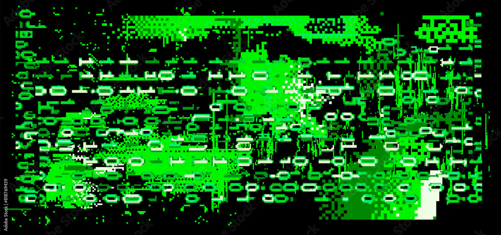 Leinwandbilder Distorted collapsing green pixels and binary code on a dark background. Vector illustration in 8-bit glitch art style.