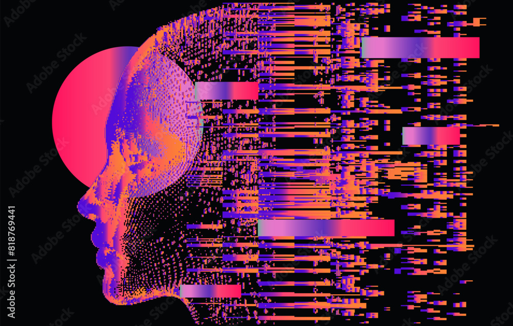 Poster 3d human pofile made of holographic pixels and particles on a dark background. a conceptual vector i