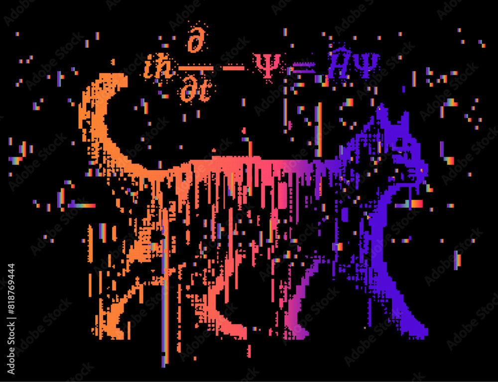Aufkleber vector illustration of schrodinger's cat in pixel art futuristic style and neon colors. concept of v