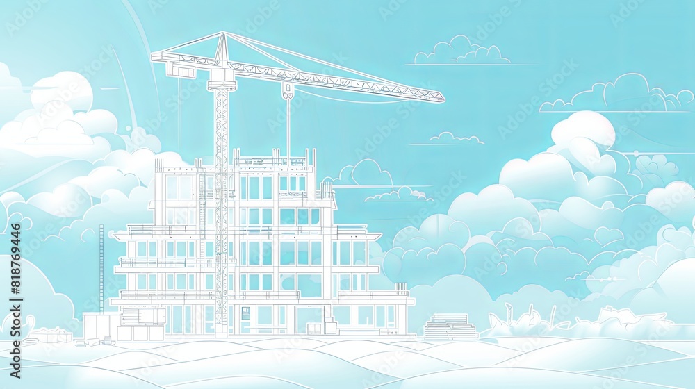 Aufkleber a detailed drawing of a building with a crane perched on top of it, showing construction work in pro