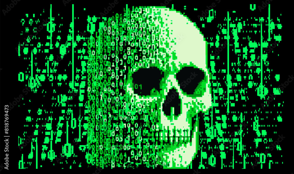 Aufkleber Collage of a skull and binary code on a glitchy pixelated neon green background. The concept of cybersecurity and malware.