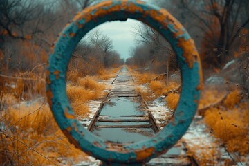 Railroad Trackside Reflection in Vintage Mirror Reflection of railroad tracks in a vintage handheld mirror, creating a unique visual perspective