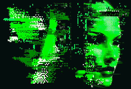 Silhouette of a 3D glitched human head. Conceptual image of AI (artificial intelligence) and VR (virtual reality). Futuristic 8-bit style vector illustration.