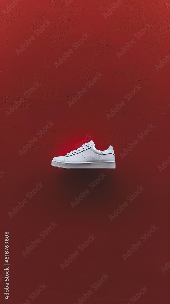 Poster clean and simple shot of a white sneaker on a red background