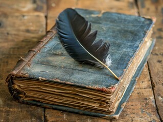 A vintage old diary with a feather quill in a clean, simple setting