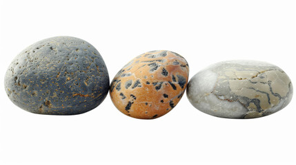 Three rocks are lined up next to each other. The rocks are of different sizes and colors. The image has a calm and peaceful mood, as the rocks are arranged in a simple and orderly manner