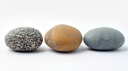 Three rocks are lined up on a white background. The rocks are of different sizes and colors, with one being gray, one being yellow, and one being black