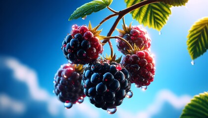 An image of Blackberries hanging from a branch with a clear blue sky