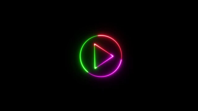 Neon glowing Play button animation on black background. Neon shinny play button animation. neon style press start icon, technology and computer concept, glowing light.