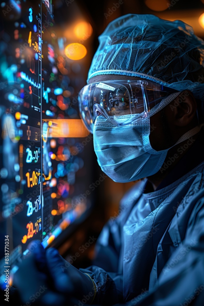 Poster man in protective suit and face mask working on computer screen
