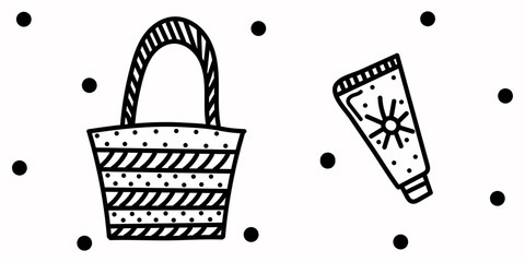 Doodle beach bag and sunscreen with decor dots. Editable stroke. Vector hand drawn illustration in white and black colors. Isolated on white background. One from the collection for Summer	