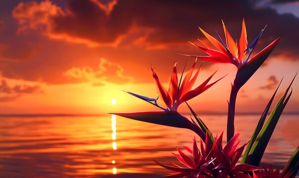 Strelitzia birds of paradise against a vivid sunset, Generative AI