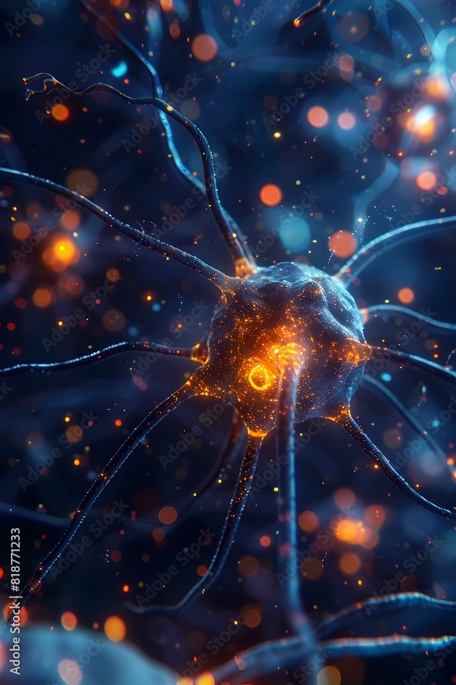 Poster Visualizing the Intricate Electrical Impulses Powering Neuronal Communication and Network Activity in a Hyper-Detailed, Cinematic 3D Render