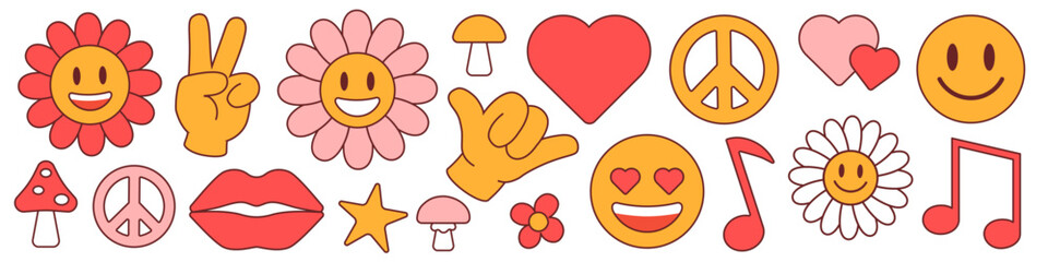 Groovy hippie sticker. Retro Sticker pack.