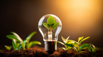 A light bulb with a leaf inside of it is surrounded by green plants. Concept of growth and life, as the bulb represents the potential for new ideas and the plants symbolize the natural world