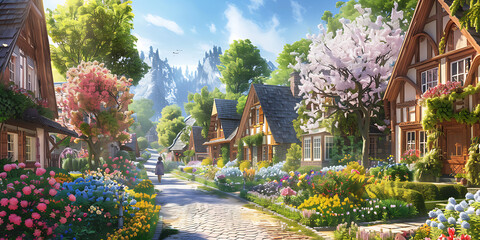 garden in the city,  A person enjoying a leisurely stroll through a picturesque village, with...