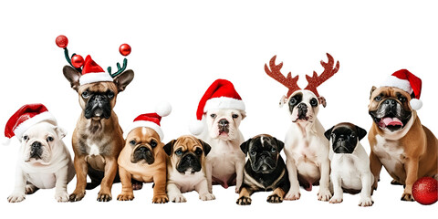 group of dogs with christmas hats