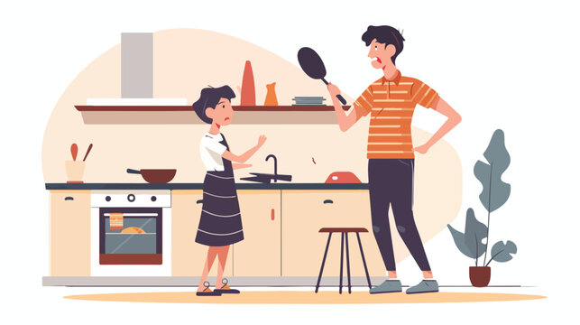 Angry housewife holding skillet scolding son vector 