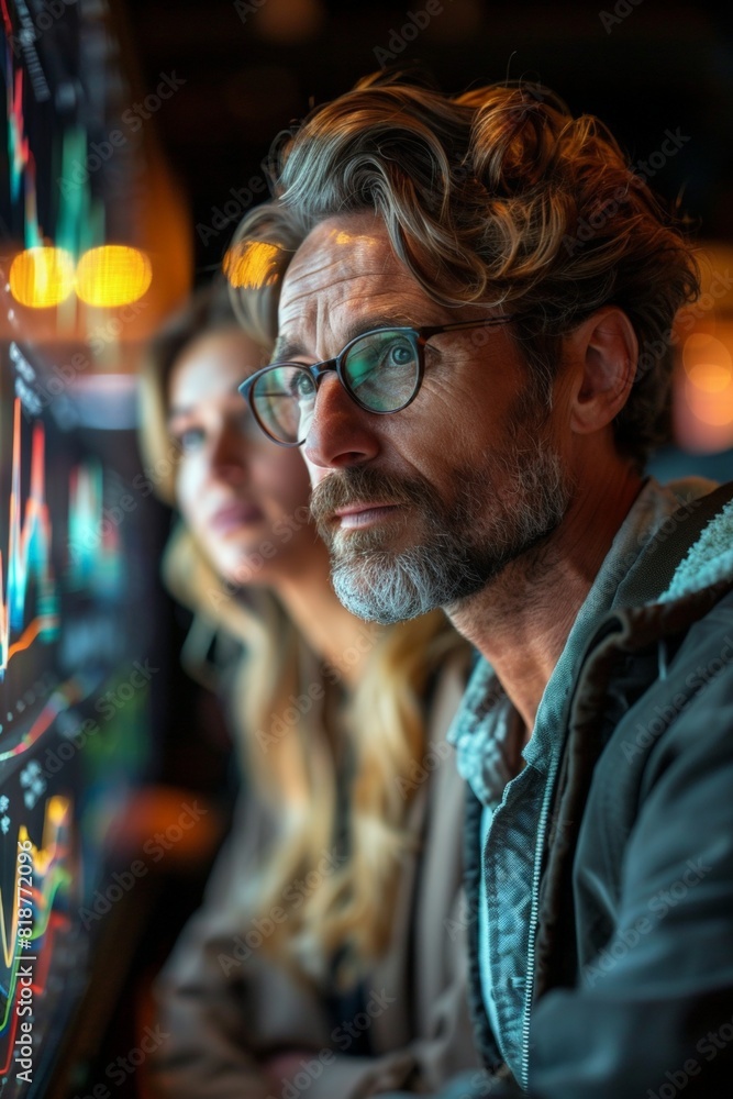 Poster man and woman analyzing data on computer screen