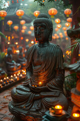 Buddha statue surrounded by lit candles