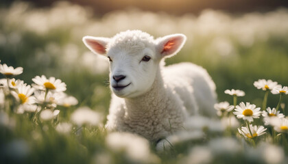 A young lamb frolicking in a field of daisies under the spring sun
