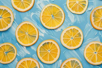 Fototapeta premium Pattern of ripe lemon slices on blue background