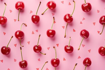 Pattern of ripe cherries on pink background